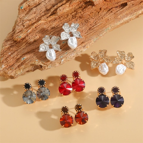 Orecchini a Bottone in Rame e Acrilico a Forma di Fiore Vintage Francese per Donna Con Perla Artificiale Strass Gioielli