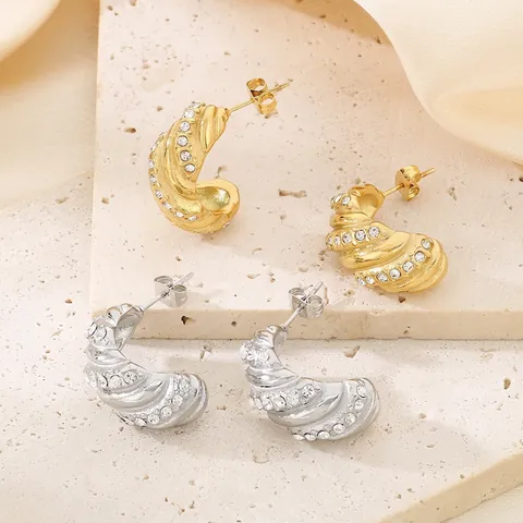 Pendientes De Aro En Forma De C De Acero Inoxidable Para Mujer Con Textura Retorcida Y Circonita Cúbica Retro