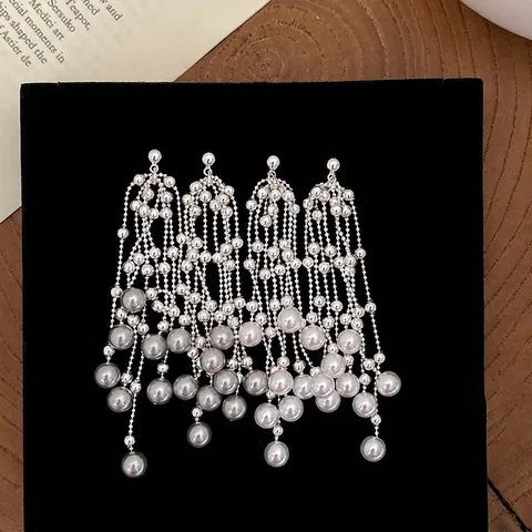 Elegante Lange Quasten Ohrringe Mit Kunstperlen Silberne Künstliche Perlenkette Hänger Für Damen Silver Earring Post