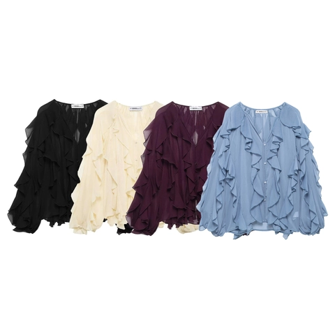 V Neck Chiffon Blouse Layered Ruffle Long Sleeve Button Down Elegant Solid Color Shirt For Women