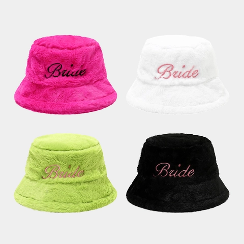 Bride Embroidered Faux Fur Bucket Hat Warm Soft Plush For Bachelorette Party Bridal Shower Women Trendy Accessories