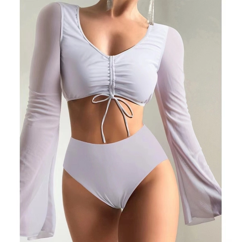 Women Swimsuit Mesh Long Flare Sleeve Ruched Drawstring Bikini High Waisted Solid Color Beachwear
