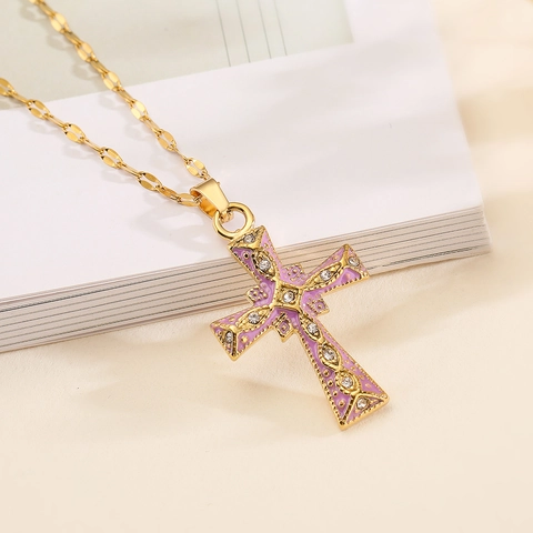 Collana con Ciondolo a Croce in Zirconia Rame Placcato Oro Vintage per Donna Smalto a Goccia Ciondolo Religioso Gioielli di Moda