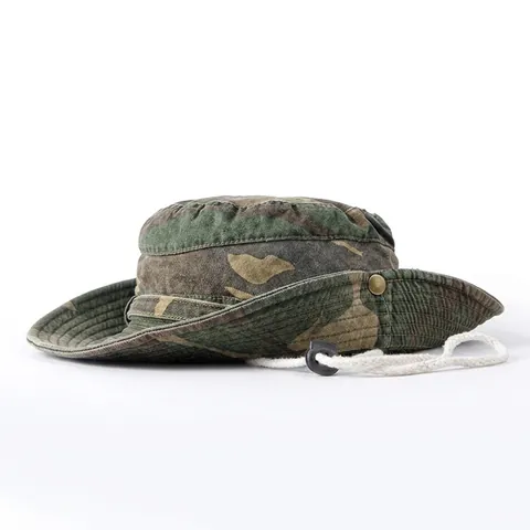 Washed Cotton Boonie Bucket Hat Wide Brim Camouflage Trim Adjustable Windproof String Outdoor Hiking Fishing Sun Protection