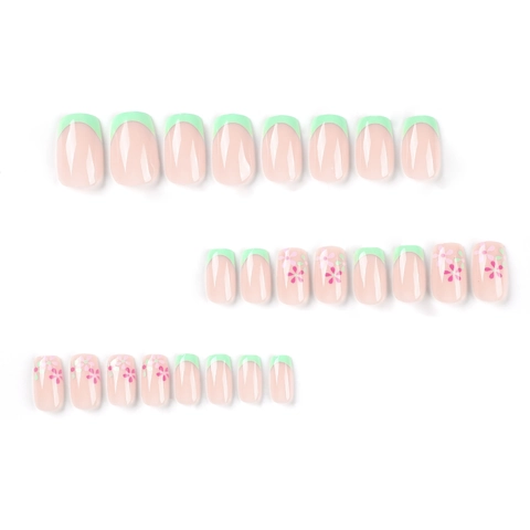 Sweet Green French Flower Press On Nails Square Mint Pink Floral Fake Nails Kit For Women Daily DIY Manicure Accessory