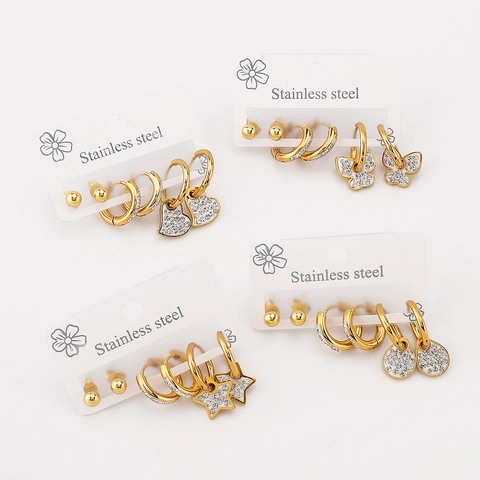 Ensemble de Boucles d'Oreilles en Acier Inoxydable avec Strass pour Femmes Plaqué Or Cœur Papillon Étoile Goutte d'Eau Géométriques Créoles et Puces Bijoux