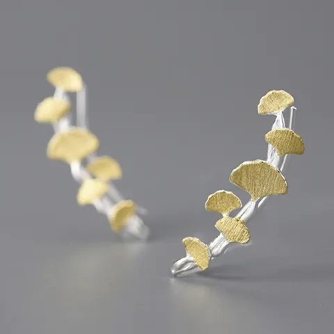 S925 Sterling Silver Ginkgo Leaf Stud Earrings Vintage Two-Tone Gold Silver Brushed Metal Long Earrings For Women Jewelry