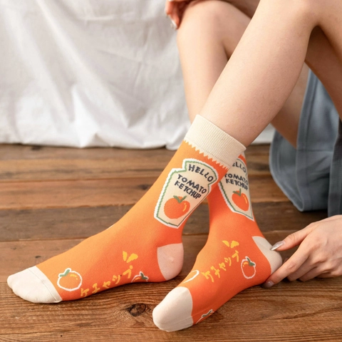 Women Cute Japanese Style Crew Socks Cartoon Illustration Cotton Knitted Mid-Calf Socks Sweat Absorbent Fashion Socks