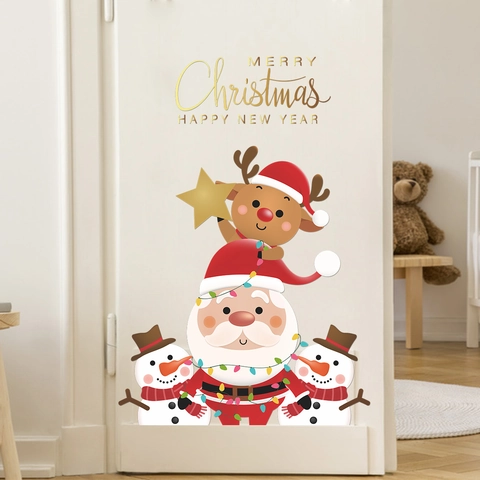 Kerst Muurstickers PVC Verwijderbare Vensterstickers Cartoon Kerstman Rendier Sneeuwpop Feestdag Huis Decoratie