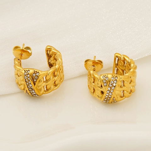 Boucles D'oreilles Créoles En C Plaquées Or 18K Acier Inoxydable Texture Chaîne Zircone Cubique Bijoux Femmes