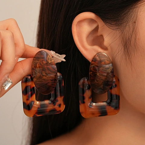 Vintage Geometric Resin Tortoise Shell Statement Drop Earrings With Silver Earring Post Retro Aesthetic For Women