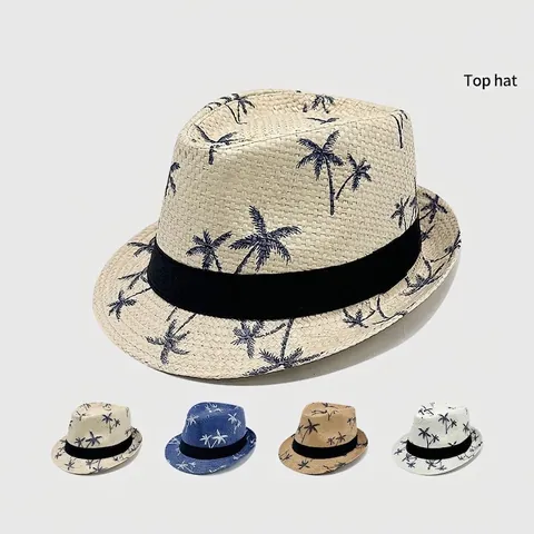 Cappello Fedora Di Paglia Estate Carta Traspirante Stampa Palme Spiaggia Protezione Solare Trilby Jazz Per Uomo