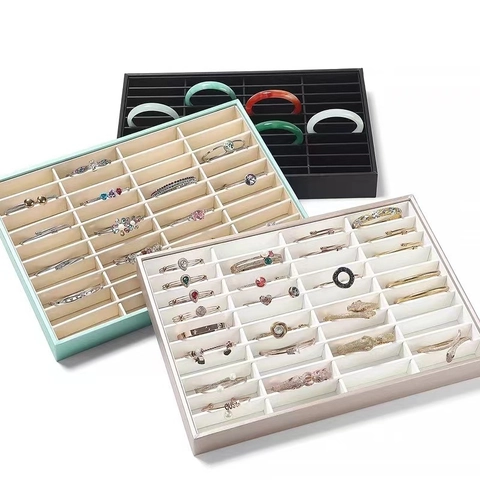 Jewelry Bracelet Display Tray Wood Velvet PU Leather Multi Slot Bangle Storage Organizer For Showcase Stackable