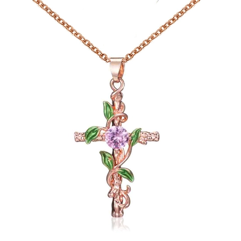 Copper Cross Pendant Necklace With Green Enamel Leaves Vine Floral Religious Jewelry Elegant Pink Cubic Zirconia For Women