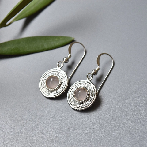 Boucles D'oreilles Pendantes Rondes Vintage Avec Pierre De Quartz Rose Texture Tressée Alliage Argenté Pour Femmes Bijoux Boho