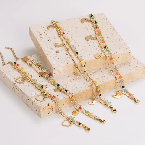 Double Layer Bracelet 304 Stainless Steel 18K Gold Plated Colorful Beads Heart Moon Hamsa Hand Charm Bohemian Jewelry For Women