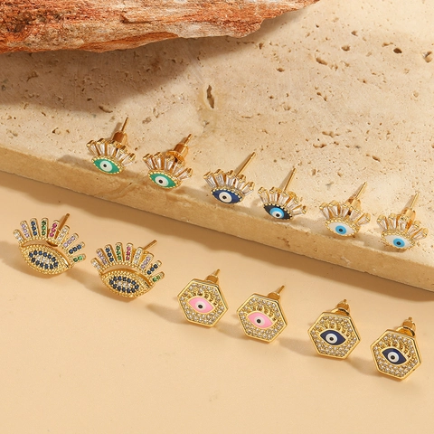 Boucles Oreilles Stud Œil Maléfique Cuivre Zircon Émail Design Géométrique Cils Style Ins Bijoux Chance Pour Femmes