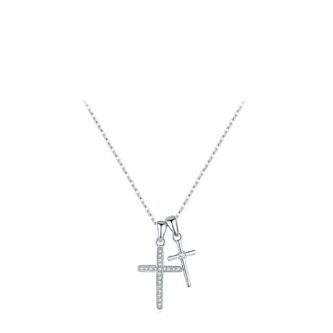 925 Sterling Silver Necklace Women Double Cross Pendant Paved Cubic Zirconia Dainty Trendy Adjustable Chain Jewelry Gift