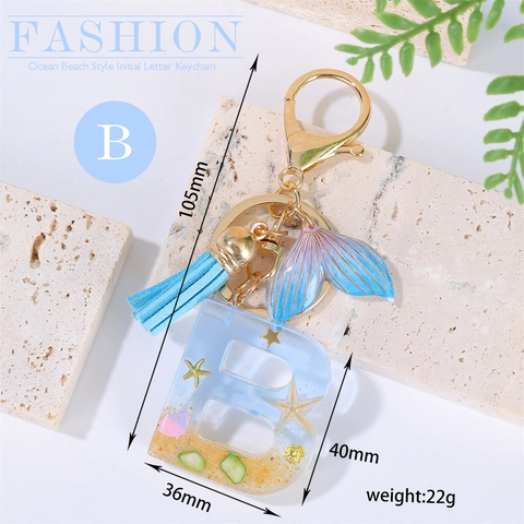 Ocean Beach Style Alphabet Initial Letter Keychain Resin Starfish Shell Inlaid Mermaid Tail Tassel Gold Keyring For Women