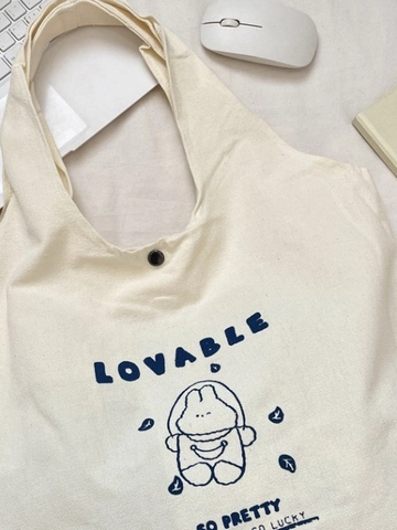 Women Canvas Tote Bag Large Capacity Handbag Cartoon Bunny Printed Casual School Shopping Bag With Snap Button