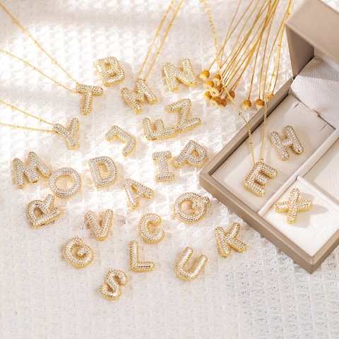 Alphabet Puffy Pendant Necklace 18k Gold Plated Copper Zirconia Initial Letter Balloon Pendant Jewelry For Women
