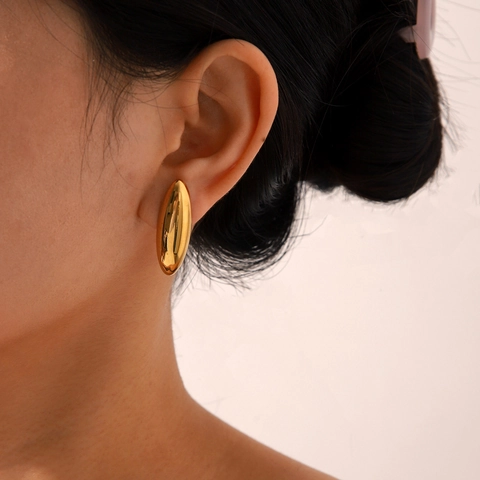 Stainless Steel Oval Smooth Stud Earrings 18K Gold Plated Mirror Polished Minimalist Geometric Jewelry For Women