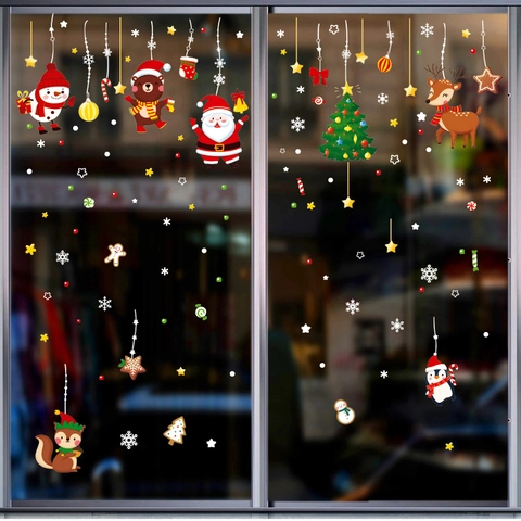 Christmas Window Stickers Static Cling Reusable PVC Decals Santa Claus Snowman Reindeer Snowflake Festive Decor For Glass Door