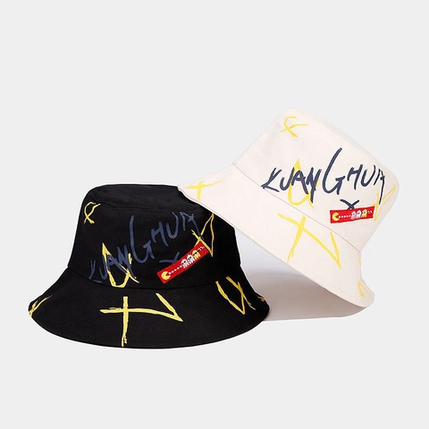Cappello Da Pescatore In Tela Di Cotone Stampa Graffiti Ricamo Streetwear Protezione Solare Alla Moda Per Uomini Donne