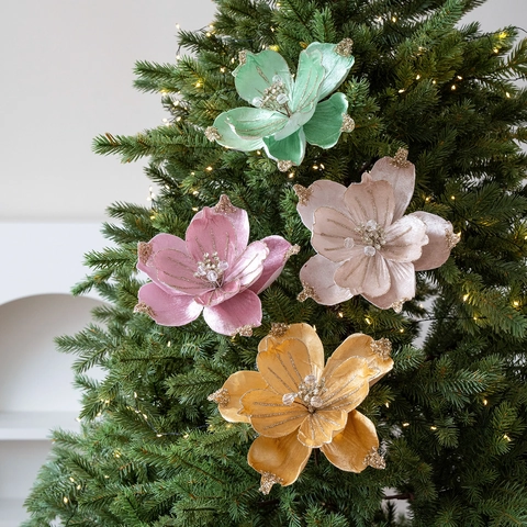 Flor de Magnolia de Navidad Tela Terciopelo con Purpurina y Cuentas para Decoración de Árbol de Navidad