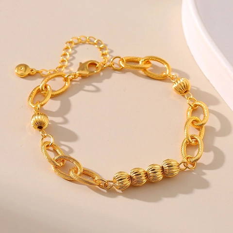 Pulsera De Cadena De Cobre Chapada En Oro De 18K Retro Con Cuentas Redondas Texturizadas Eslabones Ovalados Mujer