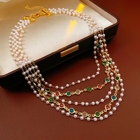 Collana Multistrato Di Künstliche Perle Sintetiche Vintage Con Pietre Di Vetro Colorate Catena In Lega Dorata Stile Barocco Per Donne