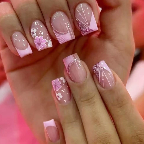 Press On Nägel Französisch Rosa Farbverlauf Kirschblüte Blume Glitzer Elegant Quadratisch Künstliche Falsche Nägel Für Frauen