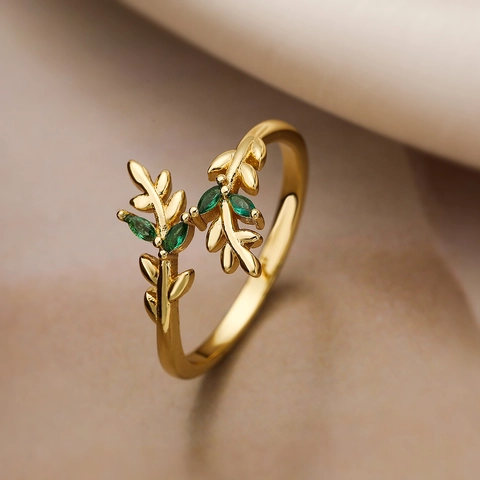 Branch Leaf Open Adjustable Ring Copper Gold Plated Marquise Zircon Minimalist Elegant Jewelry For Women