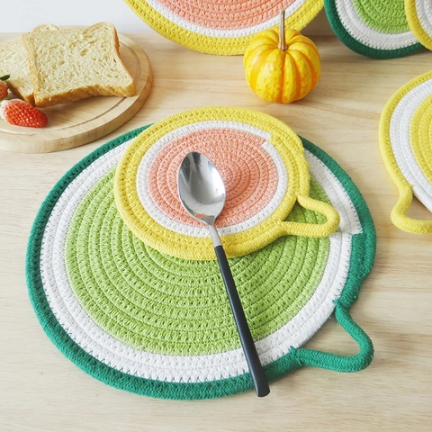 Round Fruit Placemat Cotton Rope Woven Heat Resistant Coasters Table Decoration Nordic Style Hanging Loop Watermelon Kiwi