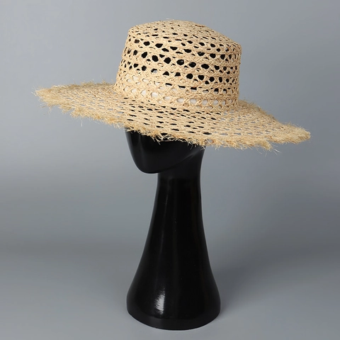 Natural Raffia Straw Boater Hat Hollow Out Wide Brim Frayed Edge Breathable Flat Top Summer Beach Sun Hat For Women