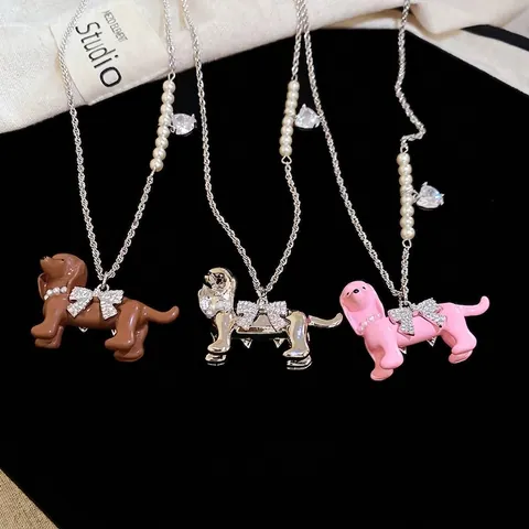 Κολιέ Μενταγιόν Dachshund Dog Alloy Rhinestone Bowknot Imitation Artificial Pearl Heart Charm Χαριτωμένα Κοσμήματα Κινούμενων Σχεδίων
