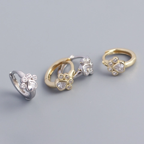 Cat Paw Huggie Hoop Earrings 925 Sterling Silver Cubic Zirconia Animal Footprint Cute Dainty Jewelry For Women Girls