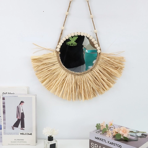 Specchio Da Parete Boho Fatto A Mano In Rafia Intrecciata Specchio Decorativo Con Perle Di Legno Stile Nordico Paglia Naturale