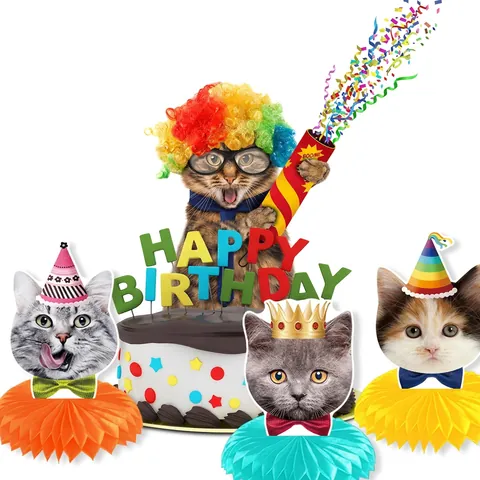 Cat Birthday Party Honeycomb Centerpieces Paper Desktop Decorations For Pet Theme Celebration Cute Animal Head Ornaments