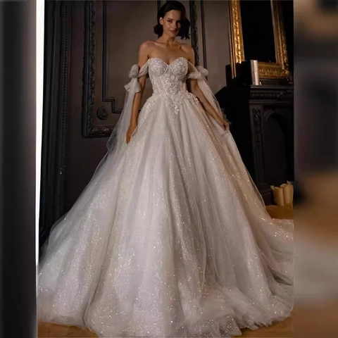 Luxury Off Shoulder White Wedding Dress Sequin Lace Applique Backless Elegant Ball Gown Long Train Bridal Wear For Women