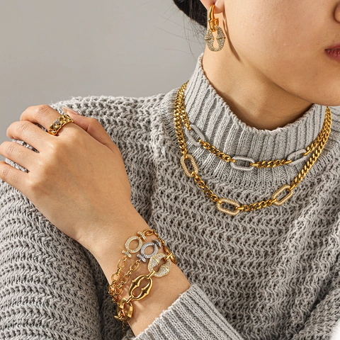 Luxury Stainless Steel Pave Rhinestone Cuban Link Jewelry Set For Women Gold Silver Two-Tone Necklace Bracelet Earrings Ring