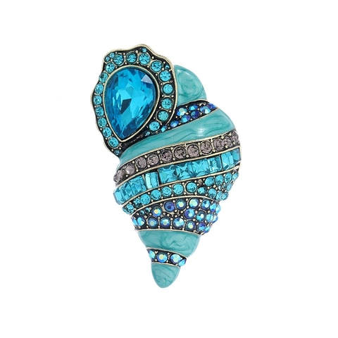 Vintage Conch Shell Brooch Alloy Enamel Rhinestone Blue Water Drop Crystal Pin For Coat Dress Elegant Jewelry