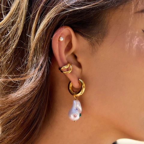 Artificial Baroque Pearl Hoop Earrings Stainless Steel Colorful Rhinestone Studs Waterproof Hypoallergenic Fashion Jewelry For Women