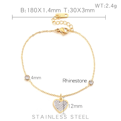 Pulsera de Acero Inoxidable Con Colgante de Corazón para Mujer Pavé de Diamantes de Imitación Elegante Cadena Ajustable Oro Rosa Plata