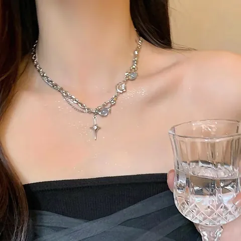 Collana Con Ciondolo a Stella in Lega di Strass a Doppio Strato Per Donna Stile Dolce e Freddo Gioielli Catena Della Clavicola