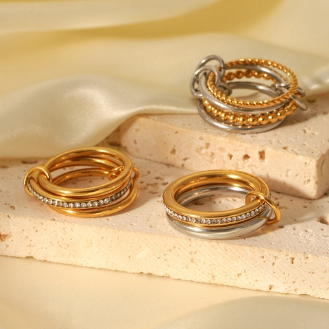Interlocked Multi-Layered Ring 18K Gold Plated Stainless Steel Micro Inlaid Zircon Stackable Band Fashion Jewelry Women