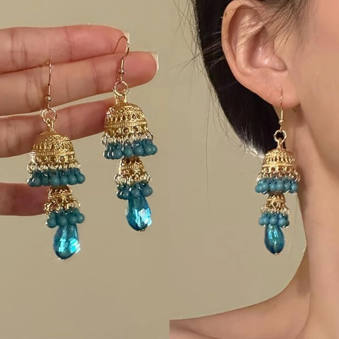 Ethnische Hohle Glocke Quaste Tropfen Ohrringe Legierung Blaue Perlen Wassertropfen Anhänger Böhmischen Retro Stil Schmuck