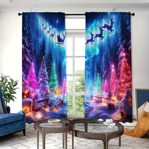 Christmas Curtains Dreamy Aurora Santa Sleigh Reindeer Print Blackout Window Drapes Polyester Holiday Living Room Decor