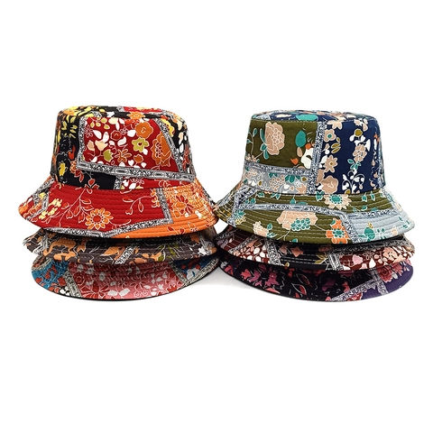 Bohemian Print Bucket Hat Vintage Floral Patchwork Polyester Sun Protection Fisherman Cap Outdoor Breathable Casual Wear