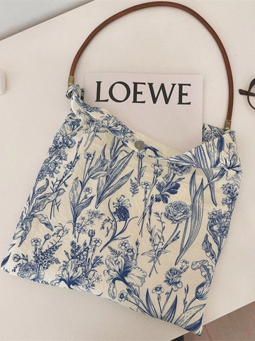 Vintage Floral Canvas Shoulder Bag Blue White Porcelain Print Cotton Linen Handbag Magnetic Closure Women Elegant Tote